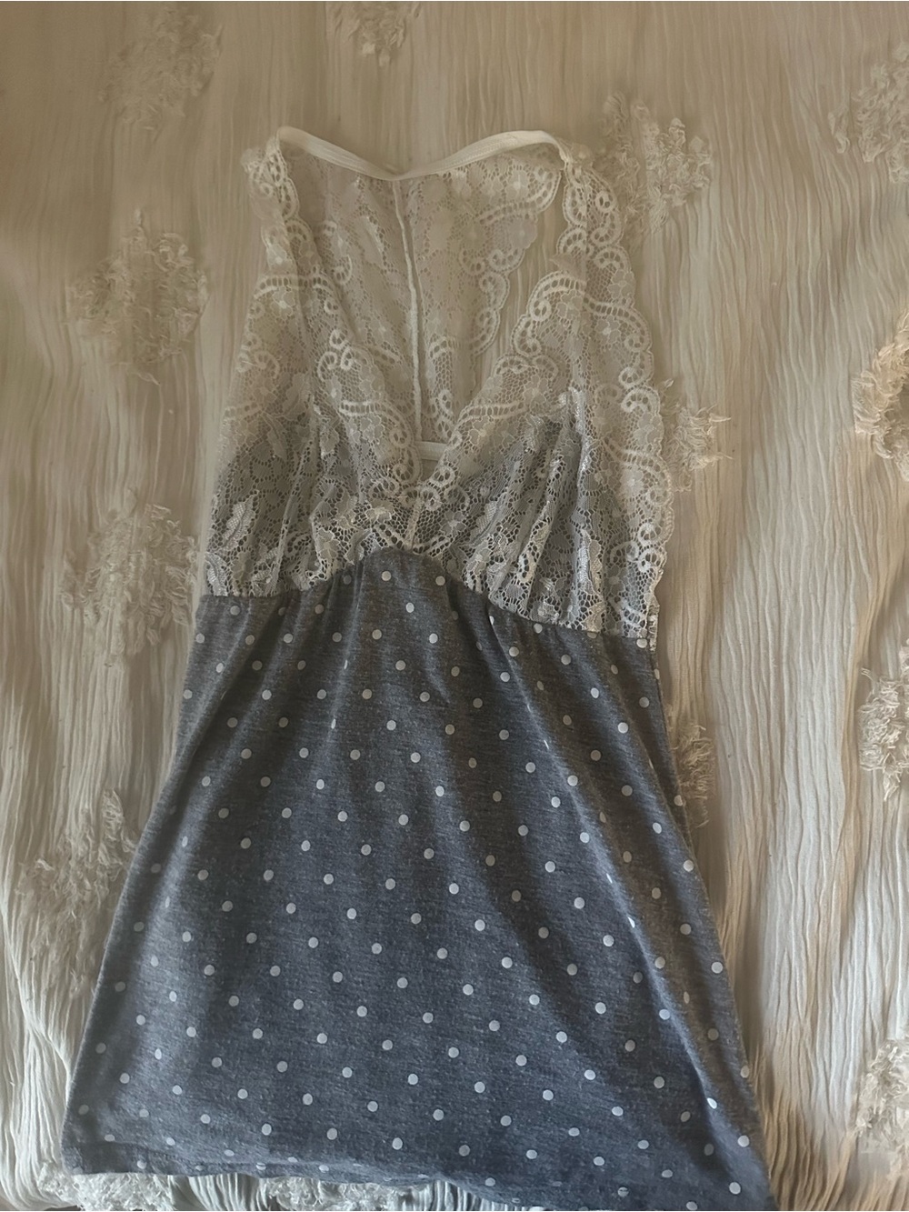 Adore Me Gray Polka Dot top with White Lace Bodice